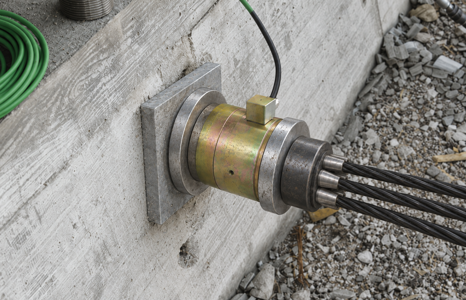 Ackcio vibrating wire annular load cell mounted on a concrete wall with an inclined anchor and cable
