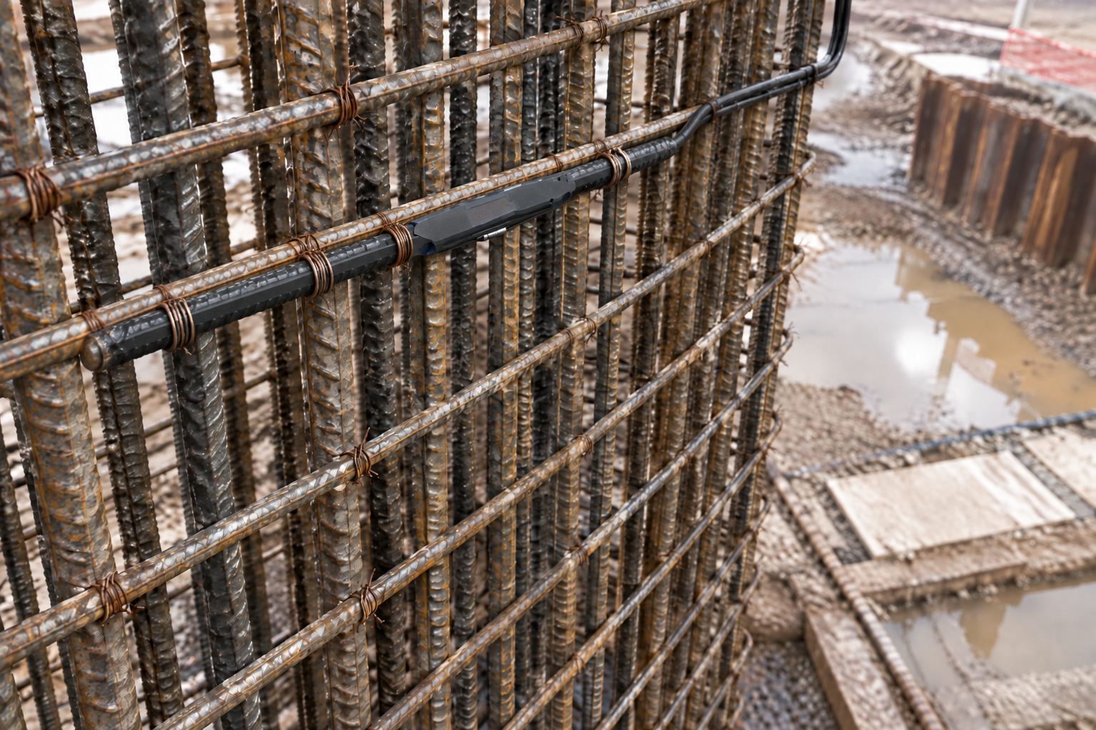 Vibrating wire rebar and sisterbar installation with blue lead wires and a yellow sensing section tied through dense reinforcement
