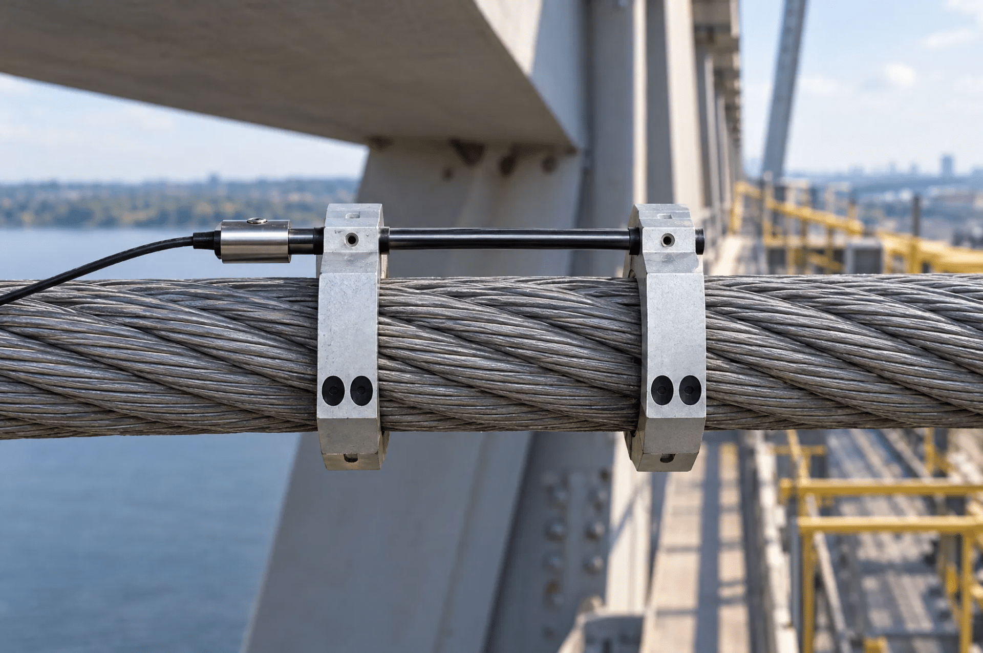 Cable-mounted vibrating wire strand meter clamped around a structural tendon with opposing brackets
